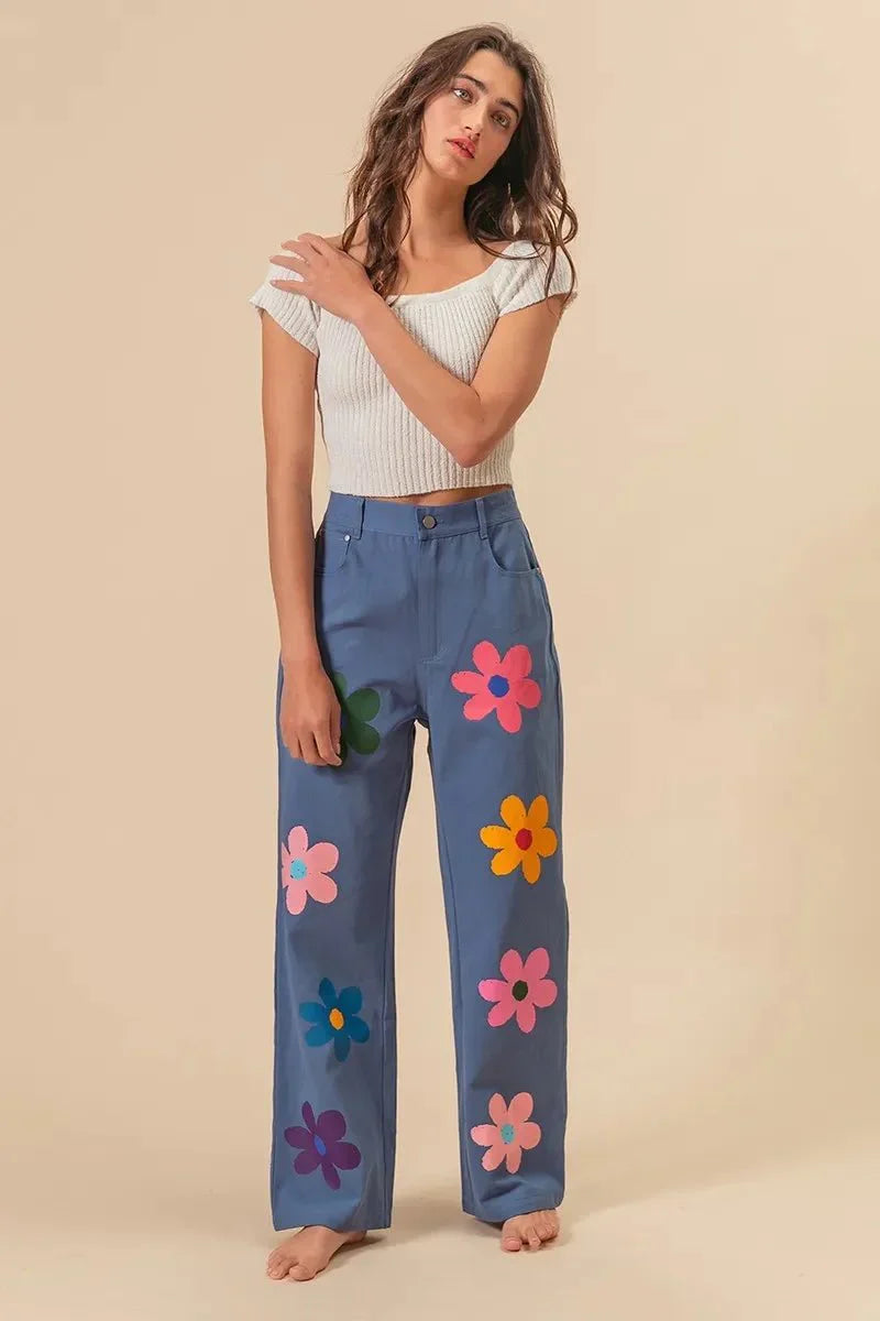 BiBi Flower Print Straight Legs Pants for Chic Style