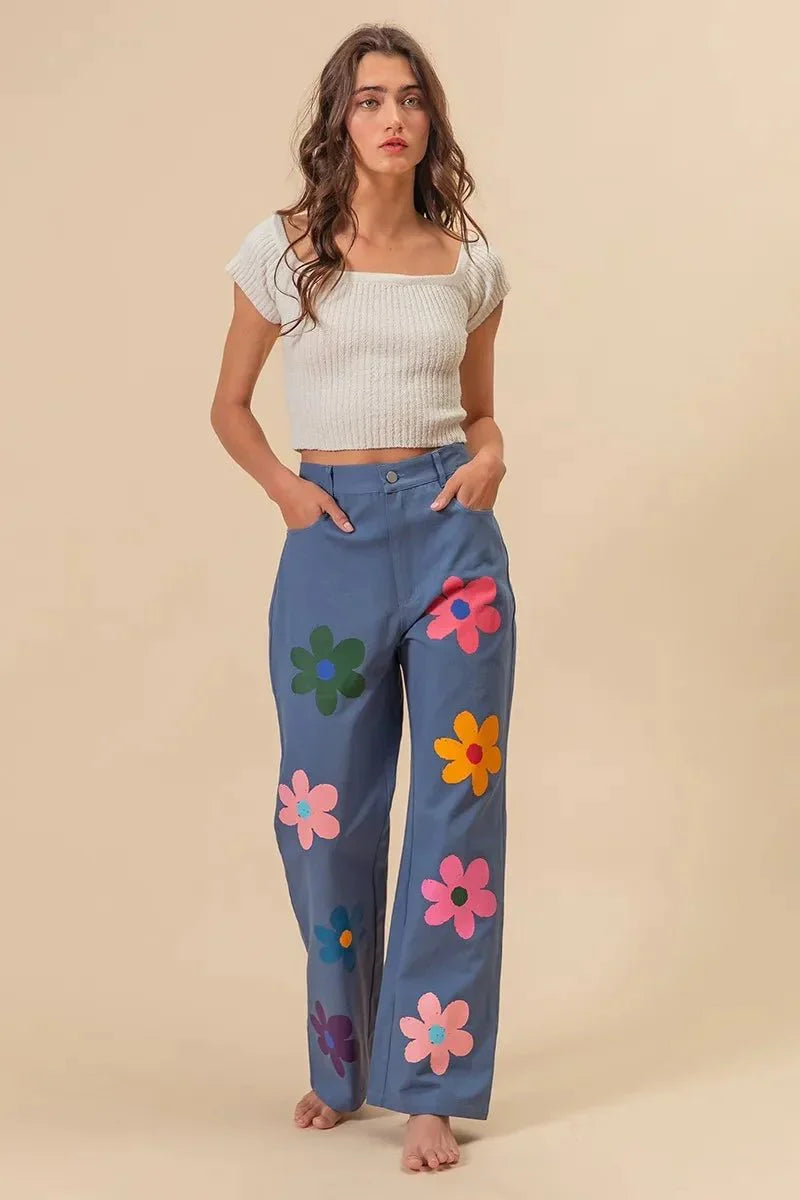 BiBi Flower Print Straight Legs Pants for Chic Style