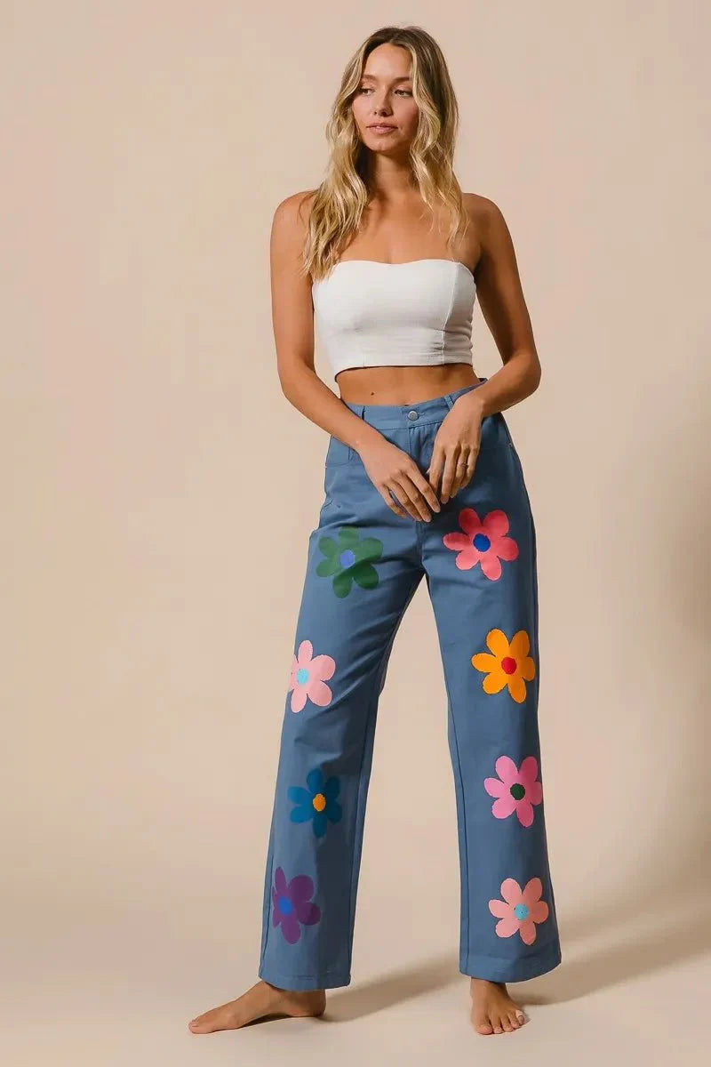 BiBi Flower Print Straight Legs Pants for Chic Style