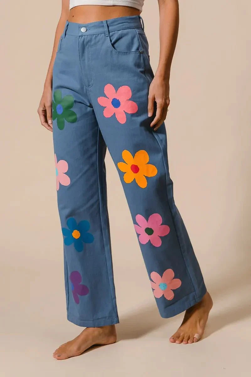 BiBi Flower Print Straight Legs Pants for Chic Style