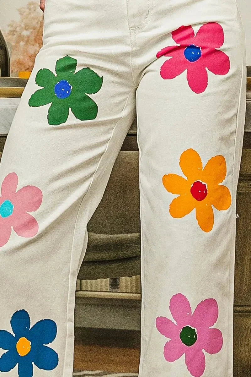 BiBi Flower Print Straight Legs Pants for Chic Style