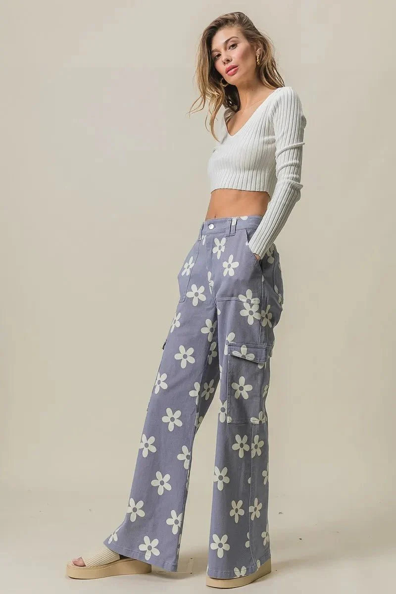 BiBi Flower Printed Side Pocket Wide Pants for Women