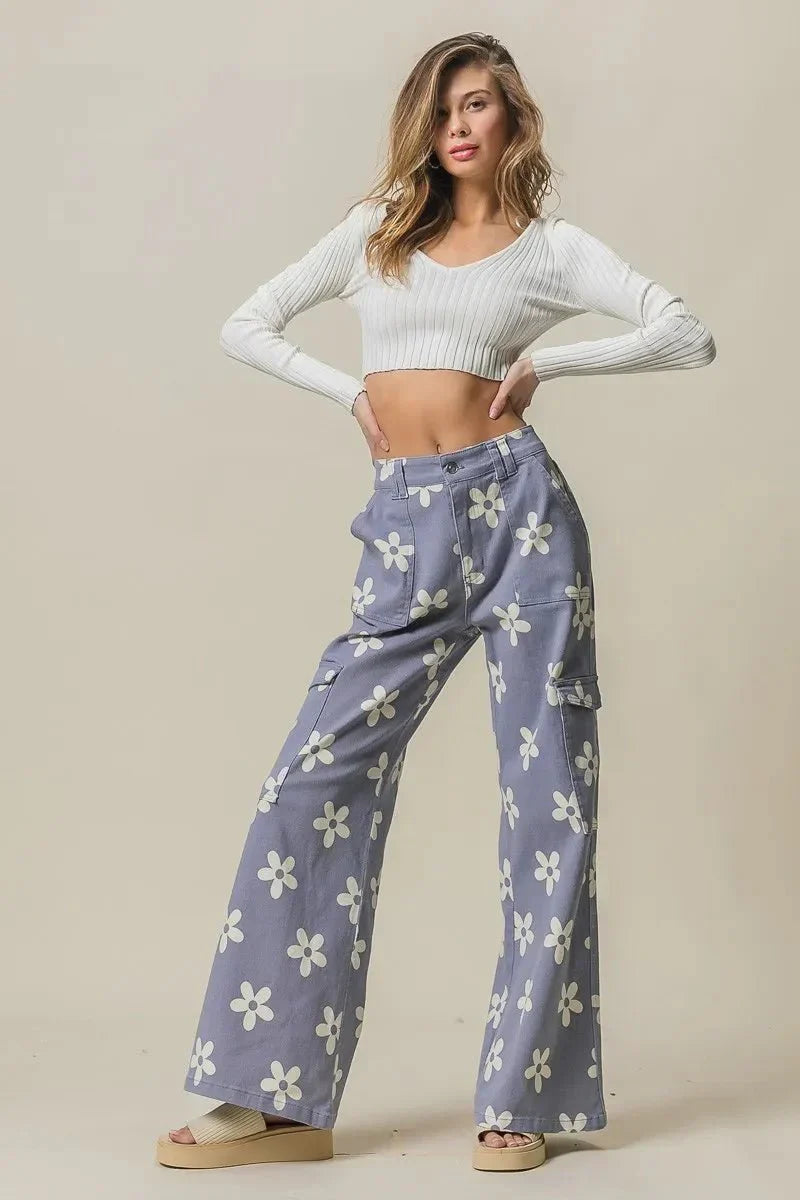 BiBi Flower Printed Side Pocket Wide Pants for Women