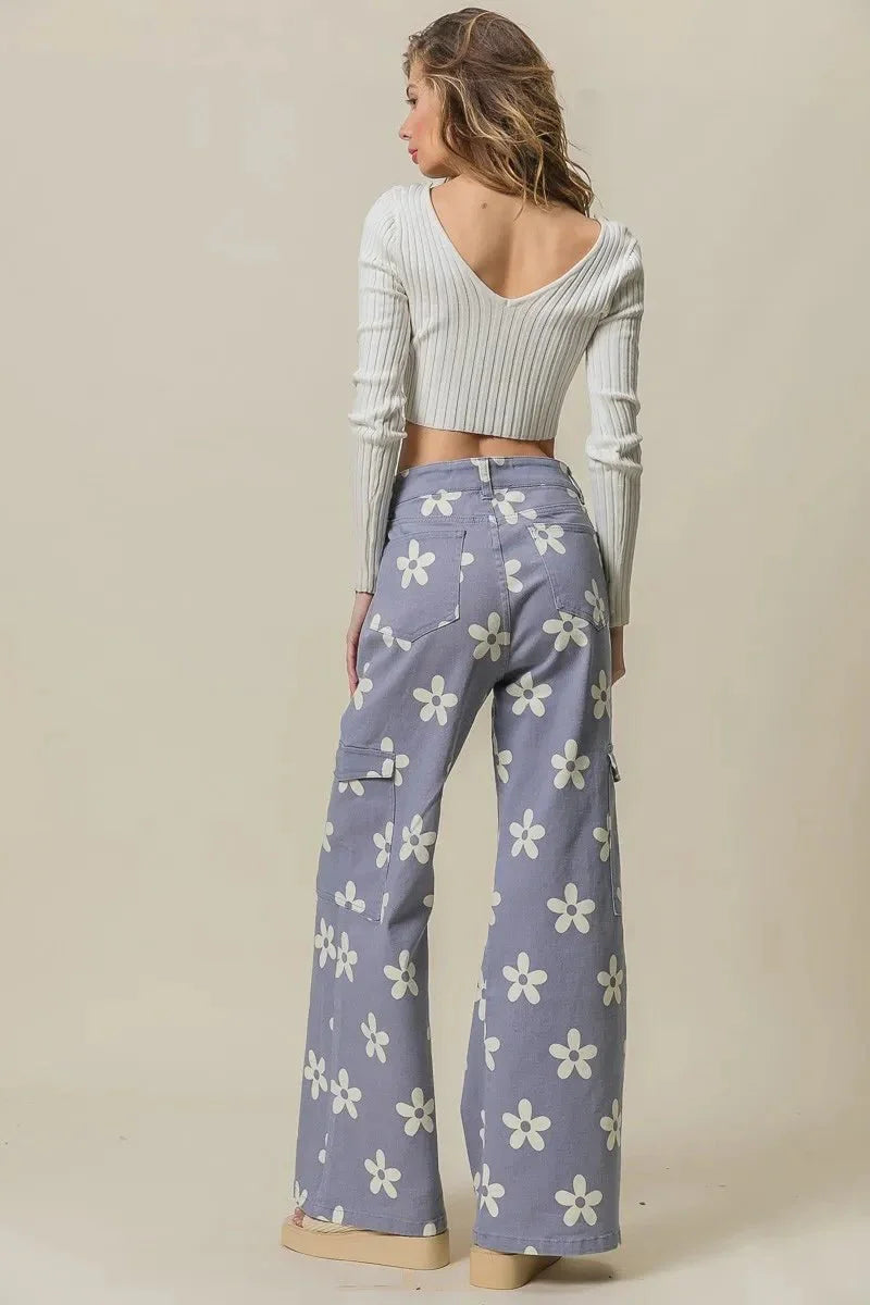 BiBi Flower Printed Side Pocket Wide Pants for Women