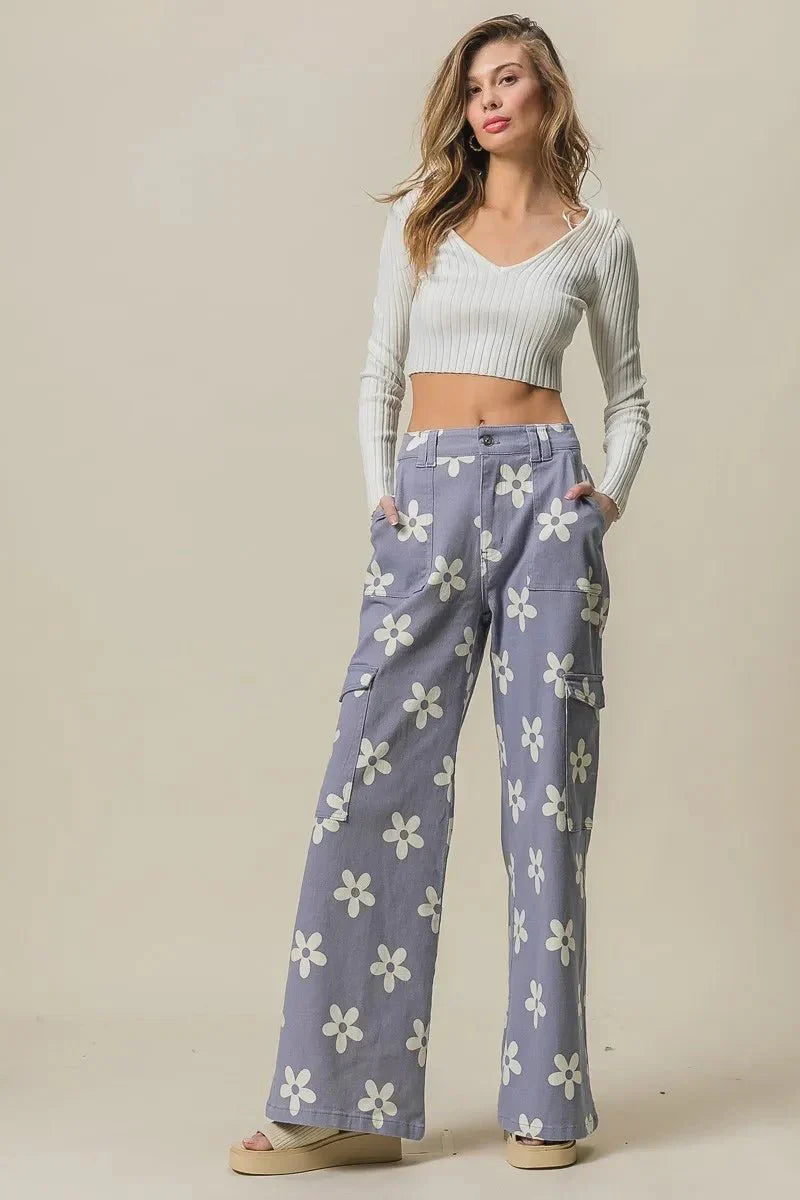 BiBi Flower Printed Side Pocket Wide Pants for Women