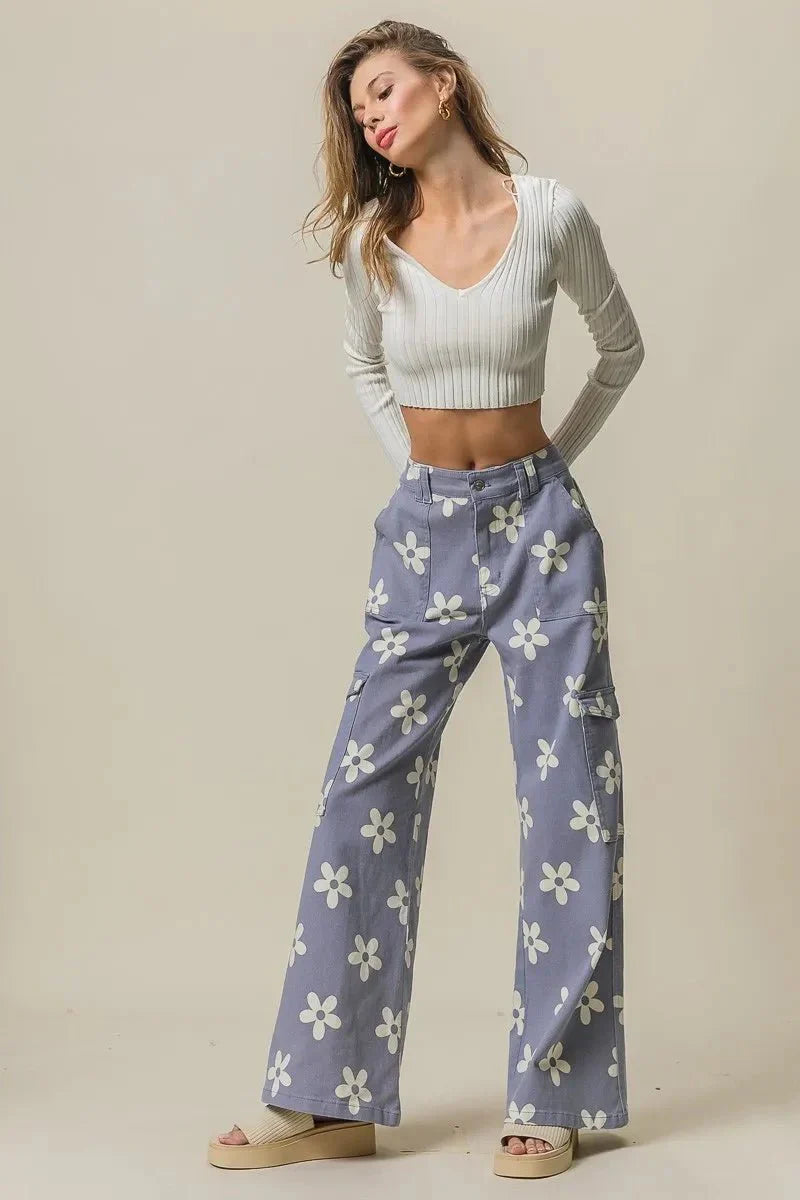 BiBi Flower Printed Side Pocket Wide Pants for Women