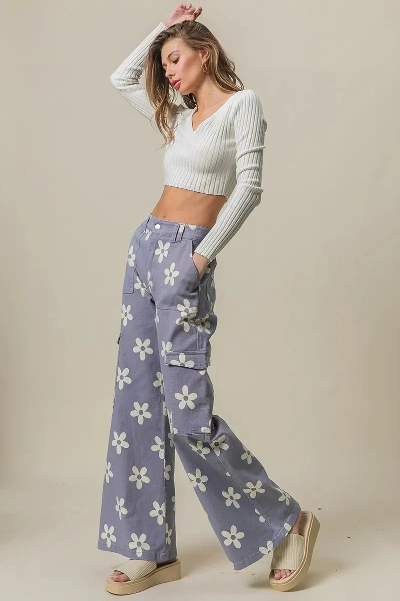 BiBi Flower Printed Side Pocket Wide Pants for Women