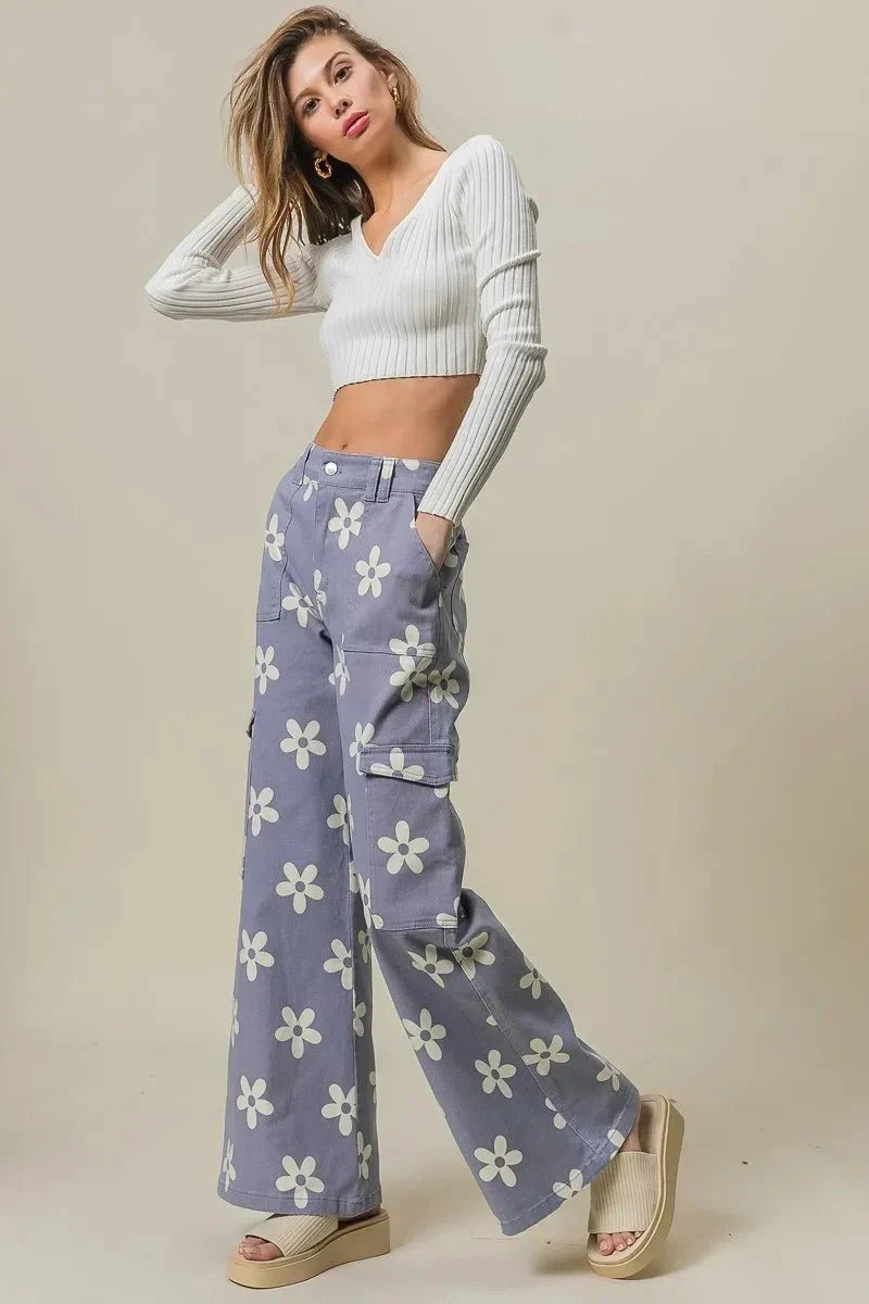 BiBi Flower Printed Side Pocket Wide Pants for Women