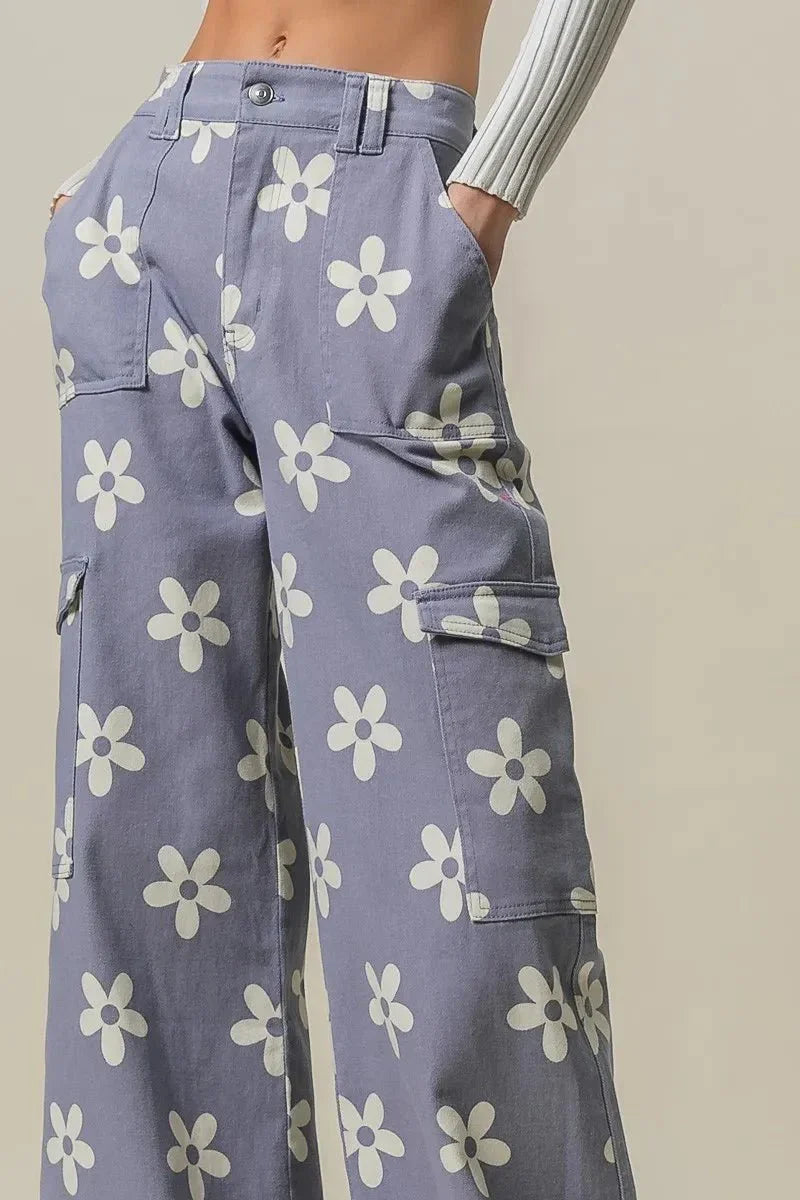 BiBi Flower Printed Side Pocket Wide Pants for Women