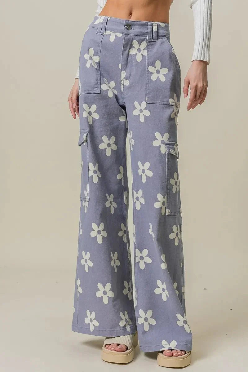 BiBi Flower Printed Side Pocket Wide Pants for Women