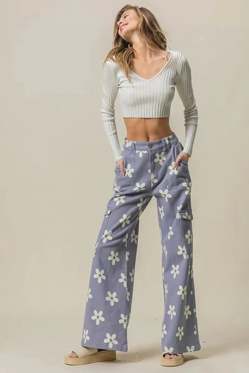 BiBi Flower Printed Side Pocket Wide Pants for Women