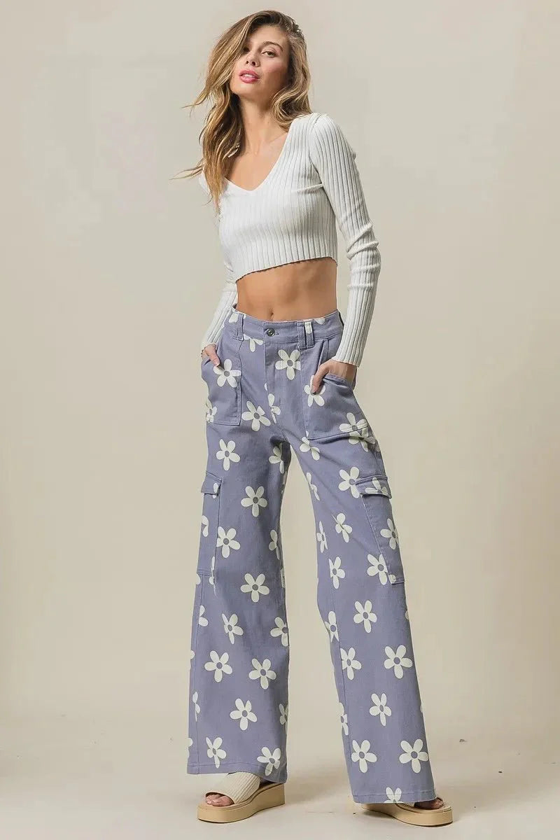 BiBi Flower Printed Side Pocket Wide Pants for Women
