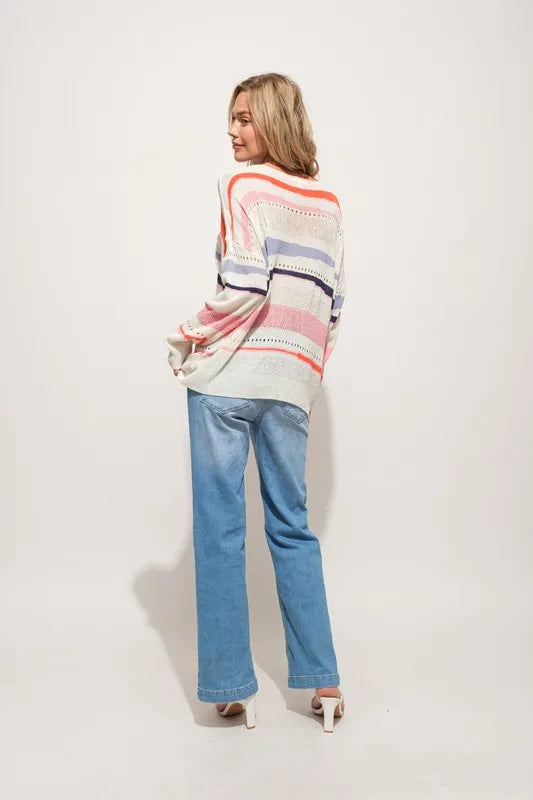 And The Why Abstract Striped Light Weight Loose Sweater in Pink Multi