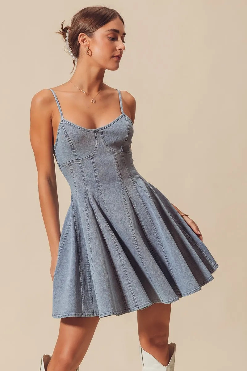 A Line Fit and Flare Denim Mini Dress