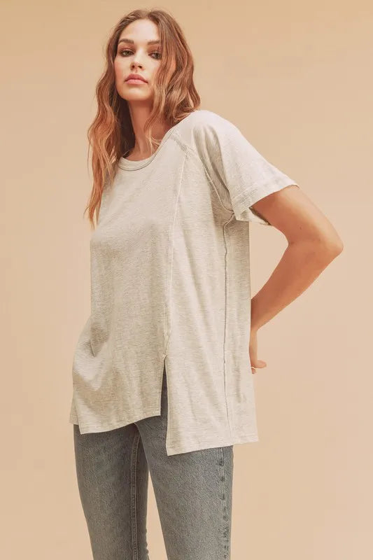 Asymmetrical Front Slit Round Neck Raglan Sleeve T-Shirt