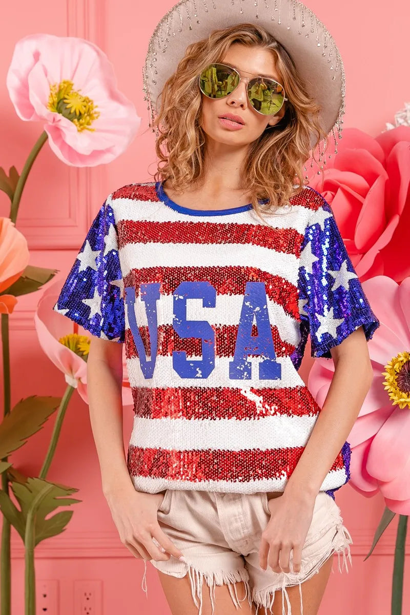 American Flag Theme USA Lettering Sequin Top