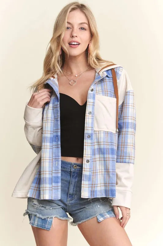 ADORA Button Down Plaid Hoodie Shacket