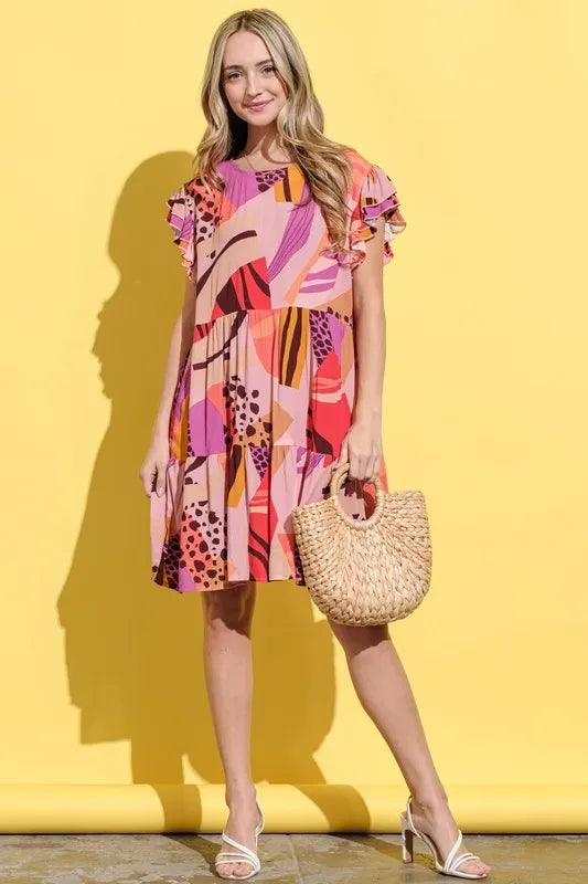 And The Why Printed Double Ruffles Sleeve Dress