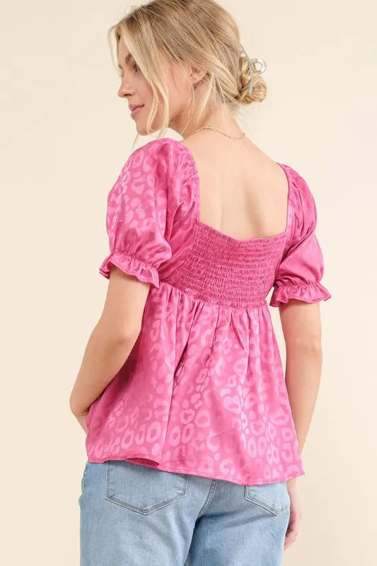 And The Why Satin Leopard V Wired Puff Sleeves Blouse in Fuschia
