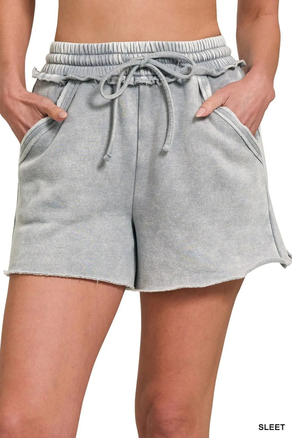 Acid Wash Fleece Drawstring Shorts With Pockets