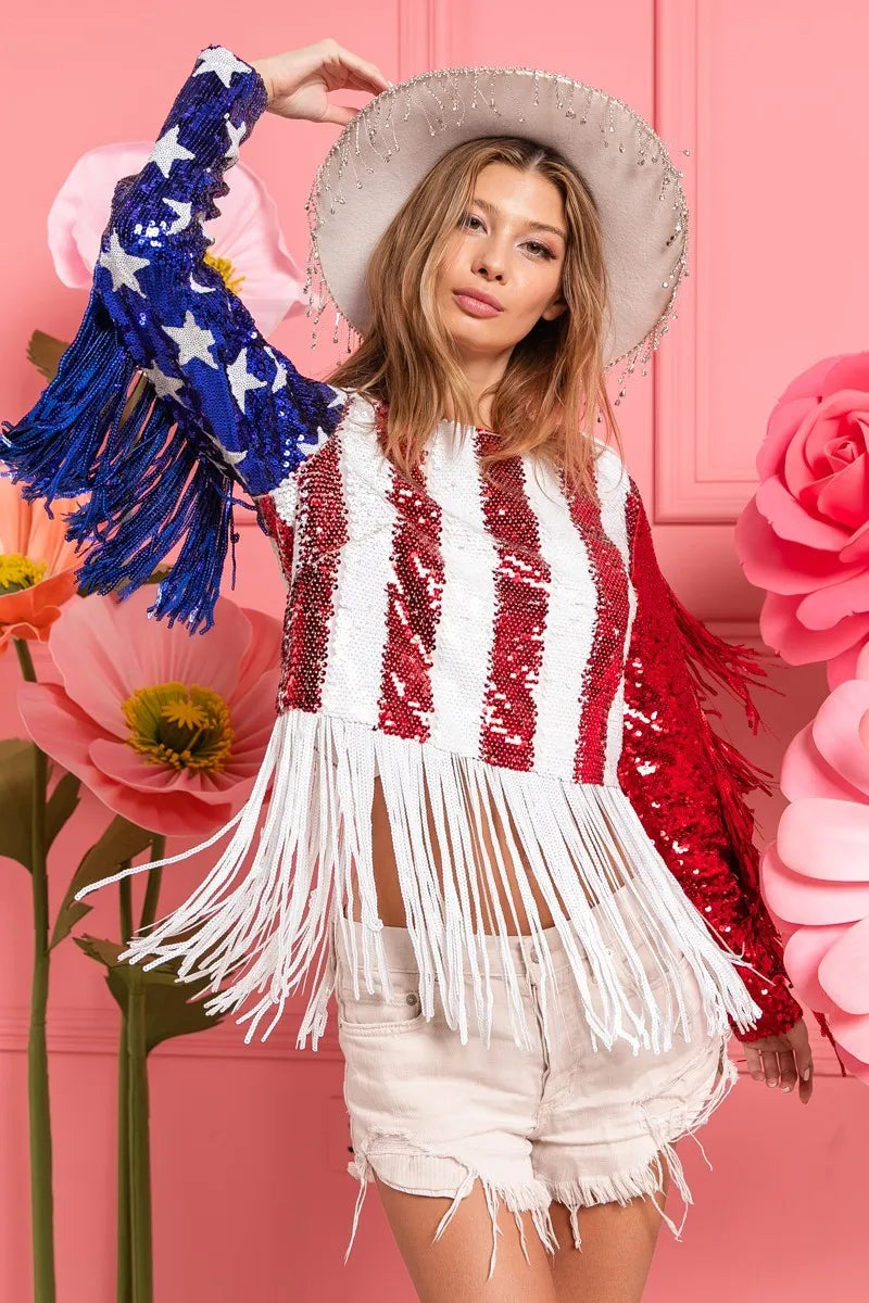 American Flag Theme Fringe Detailed Sequins Crop Top