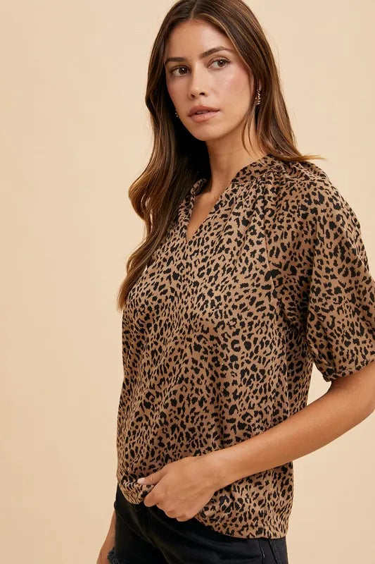 Annie Wear Animal Print Knit Volume Sleeve Blouse