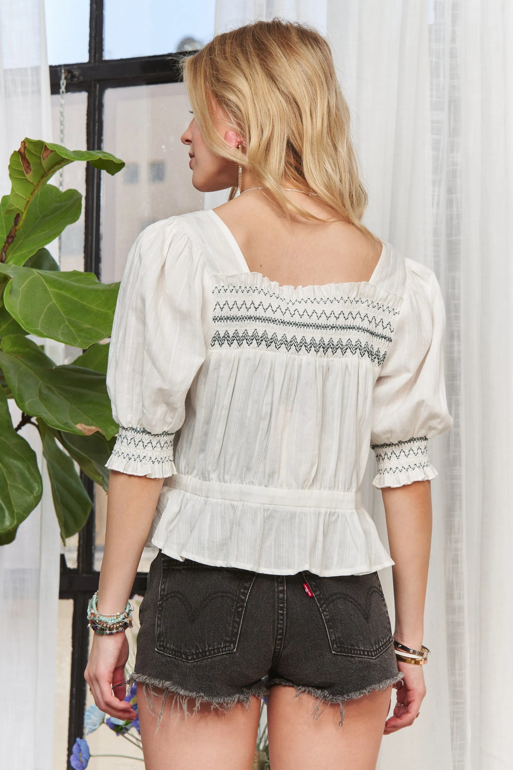 ADORA Smocked Puff Sleeve Peasant Blouse