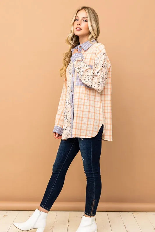 And The Why Floral and Plaid Color Block Shirts with Pocket