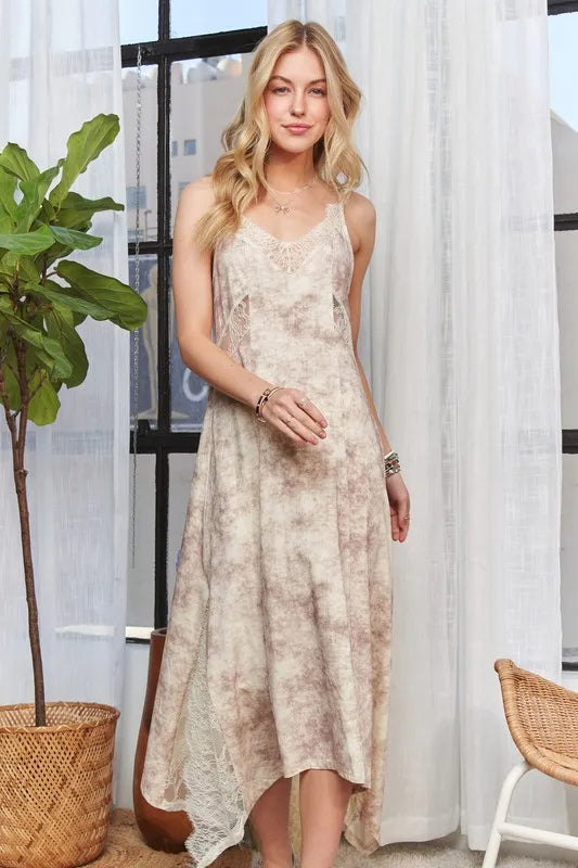 ADORA Printed Spaghetti Strap Midi Dress in Taupe