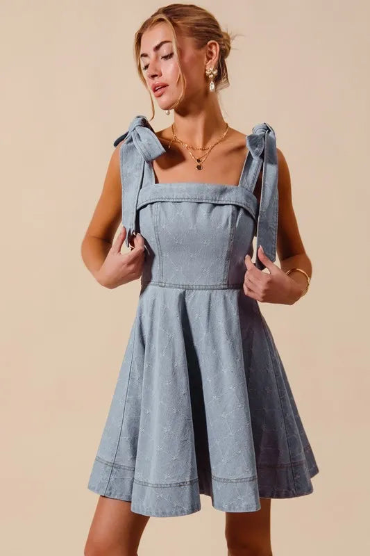 A Line Fit and Flare Diamond Bow Ribbon Denim Dres