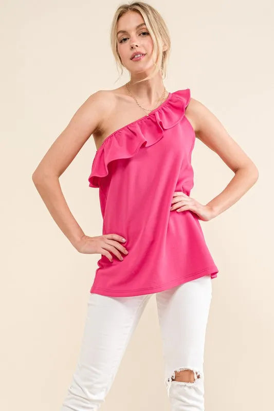 And The Why Ruffle One Shoulder Sleeveless Tank Top in Magenta