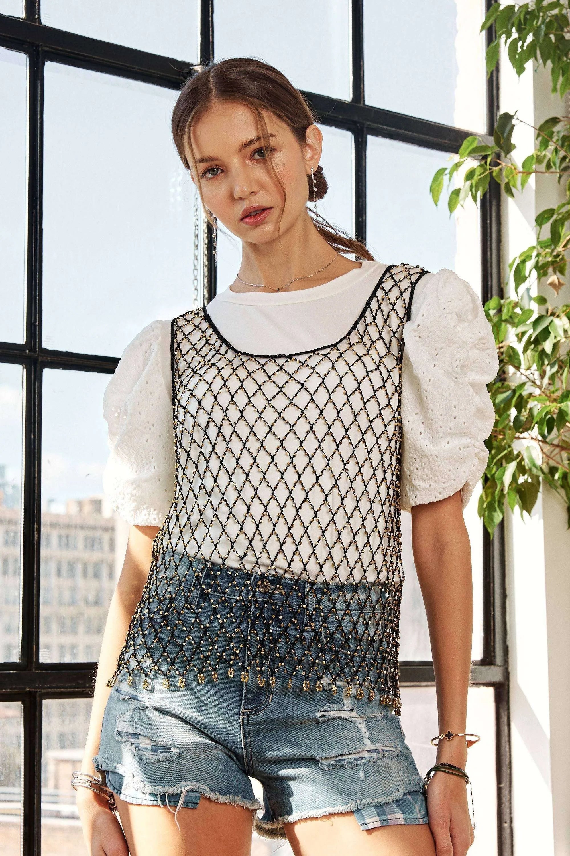 Beads Accent Fishnet Tank Top