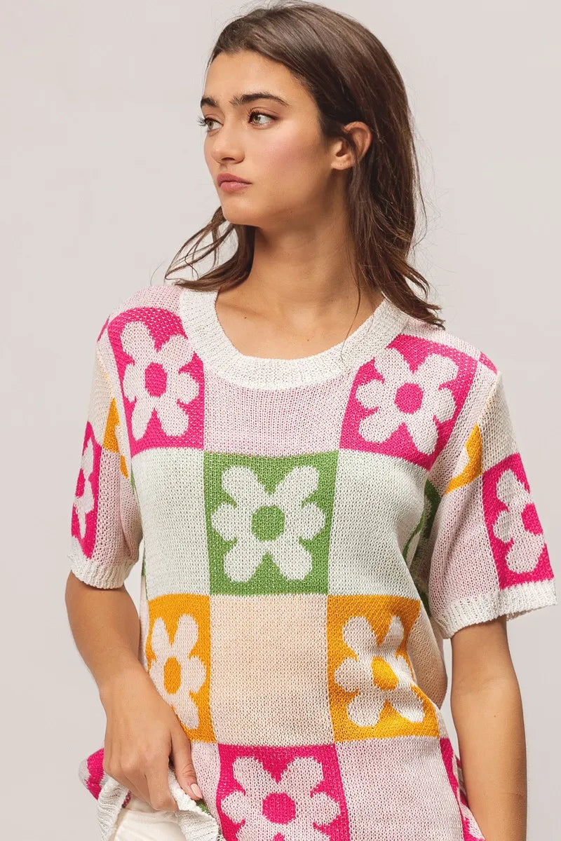 BiBi Flower Checker Pattern Lightweight Sweater Top