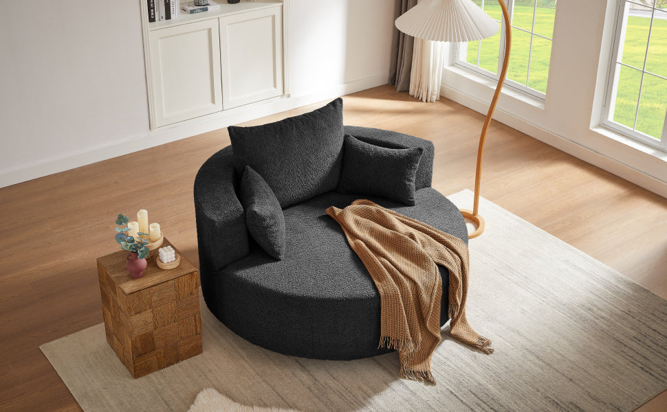 360° Swivel Accent Barrel Chair with Removable Pillows, Black Chenille, 56.3x56.3x36.5 inches