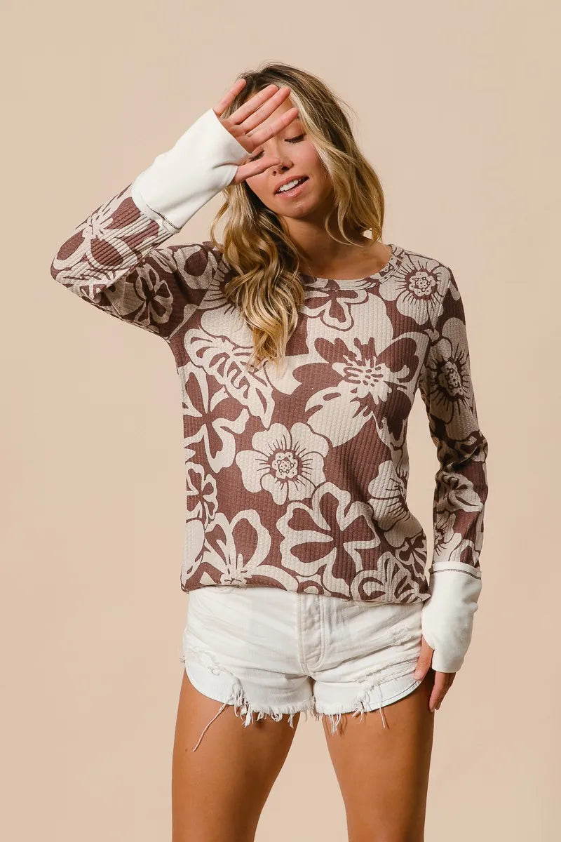 BiBi Flower Printed Waffle Thumb Opening Top