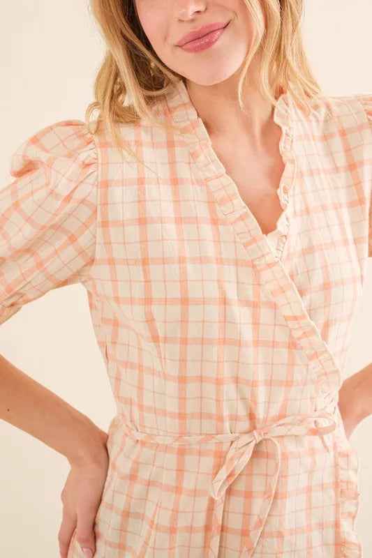 And The Why Plaid Patterned and Ruffled Wrap Blouse Top