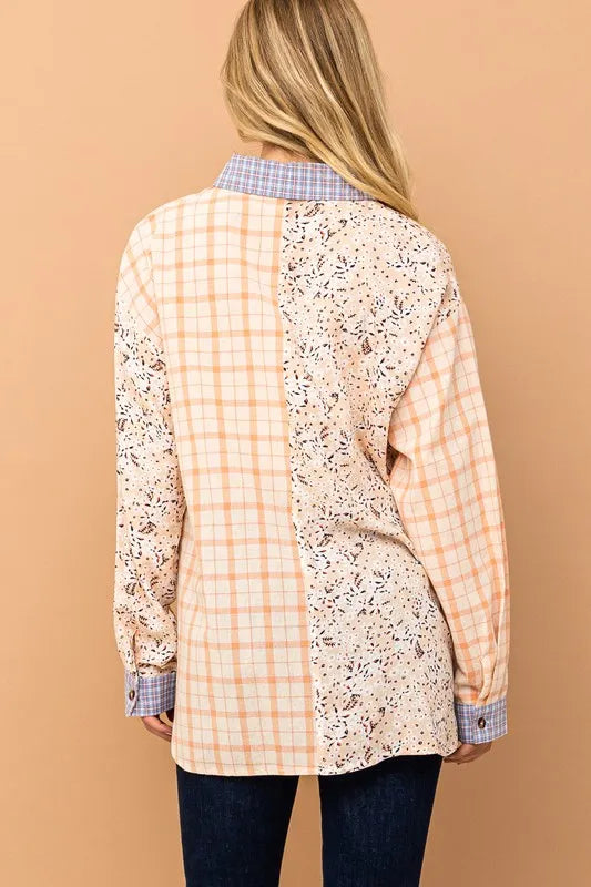 And The Why Floral and Plaid Color Block Shirts with Pocket