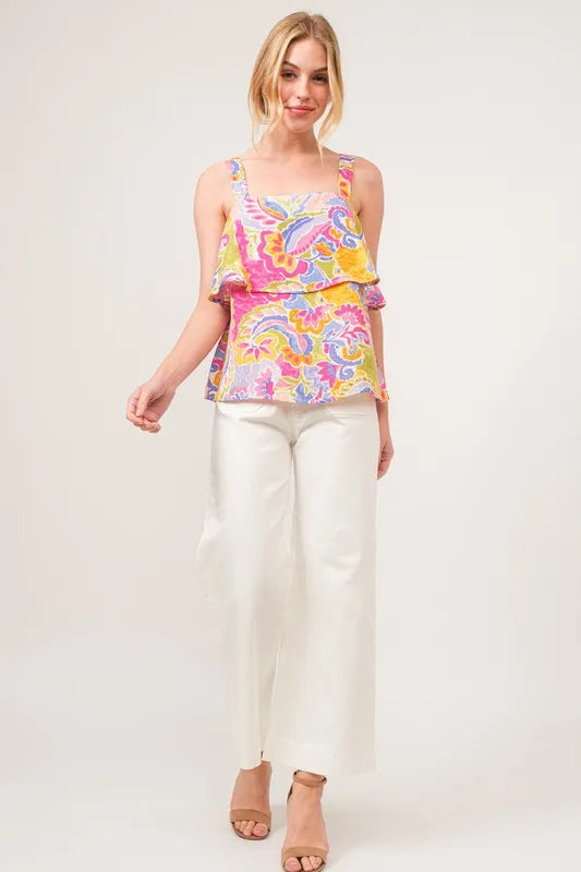 And The Why Square Neck Tiered Paisley Printed Top