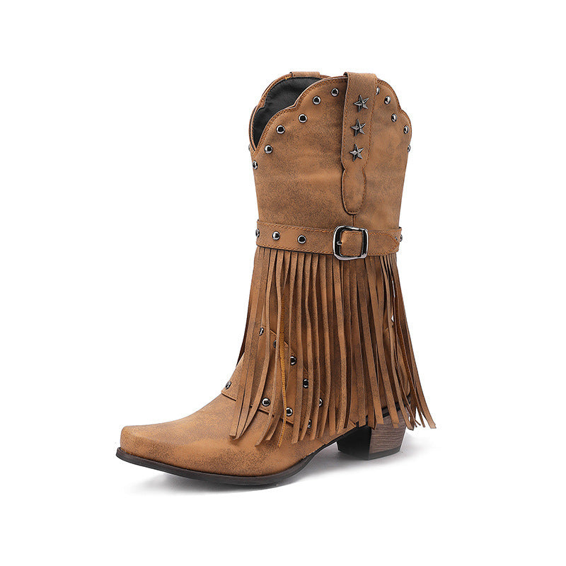 Autumn And Winter Tassel Women's Western Rivet Belt Buckle Tassel Middle Boots