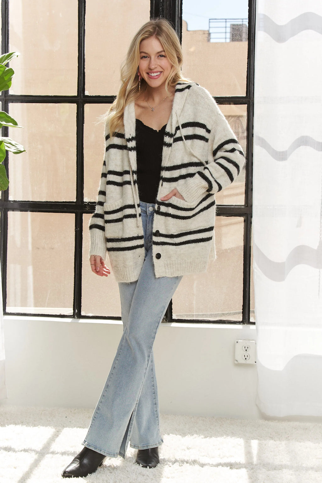 ADORA Horizontal Stripes Hoodie Cardigan