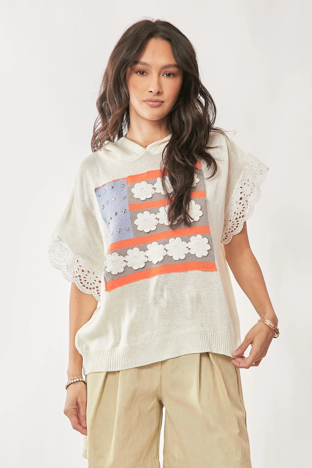 American Flag Loose Fit Lace Sleeve Hoodie Top