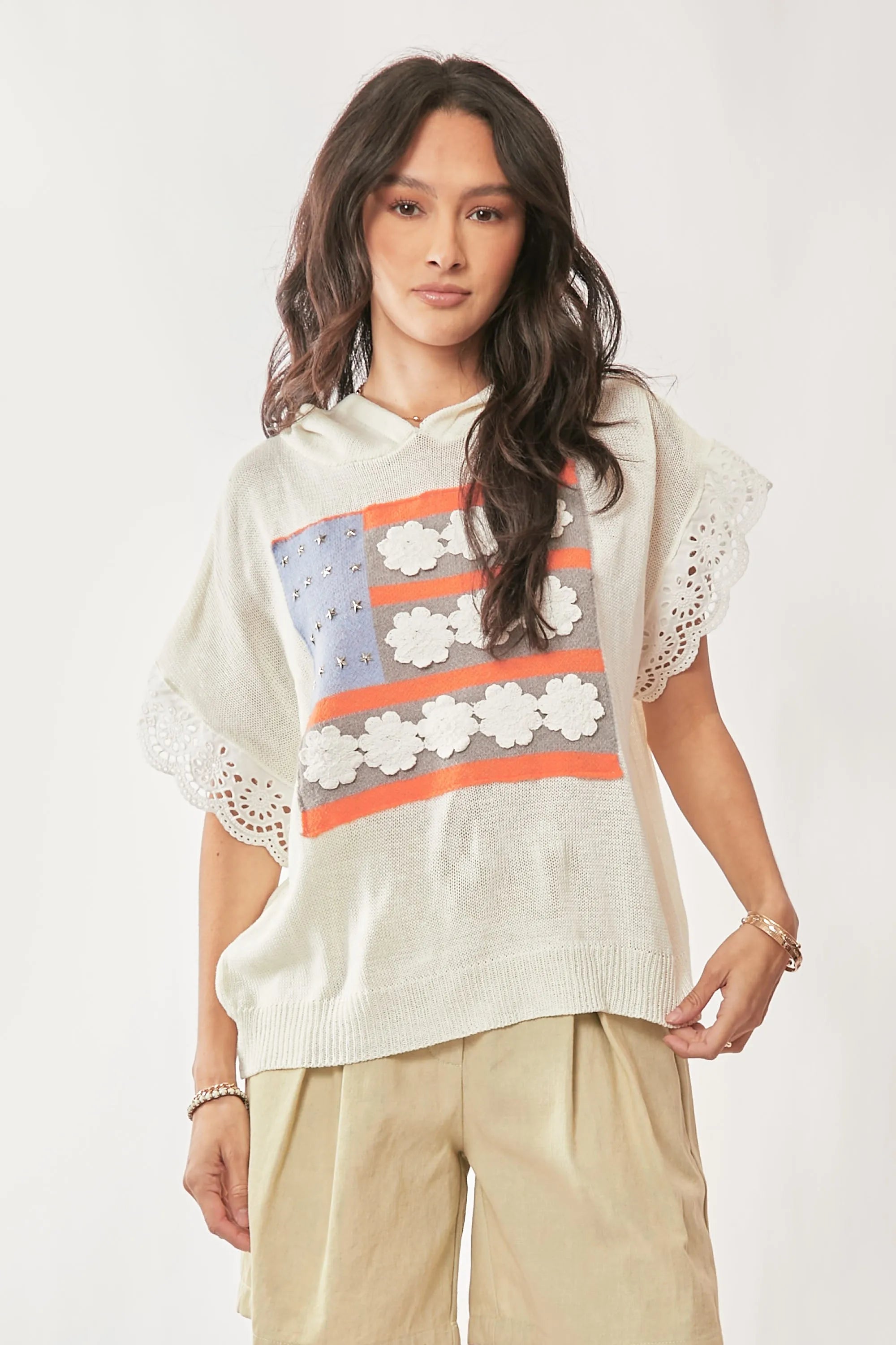 American Flag Loose Fit Lace Sleeve Hoodie Top