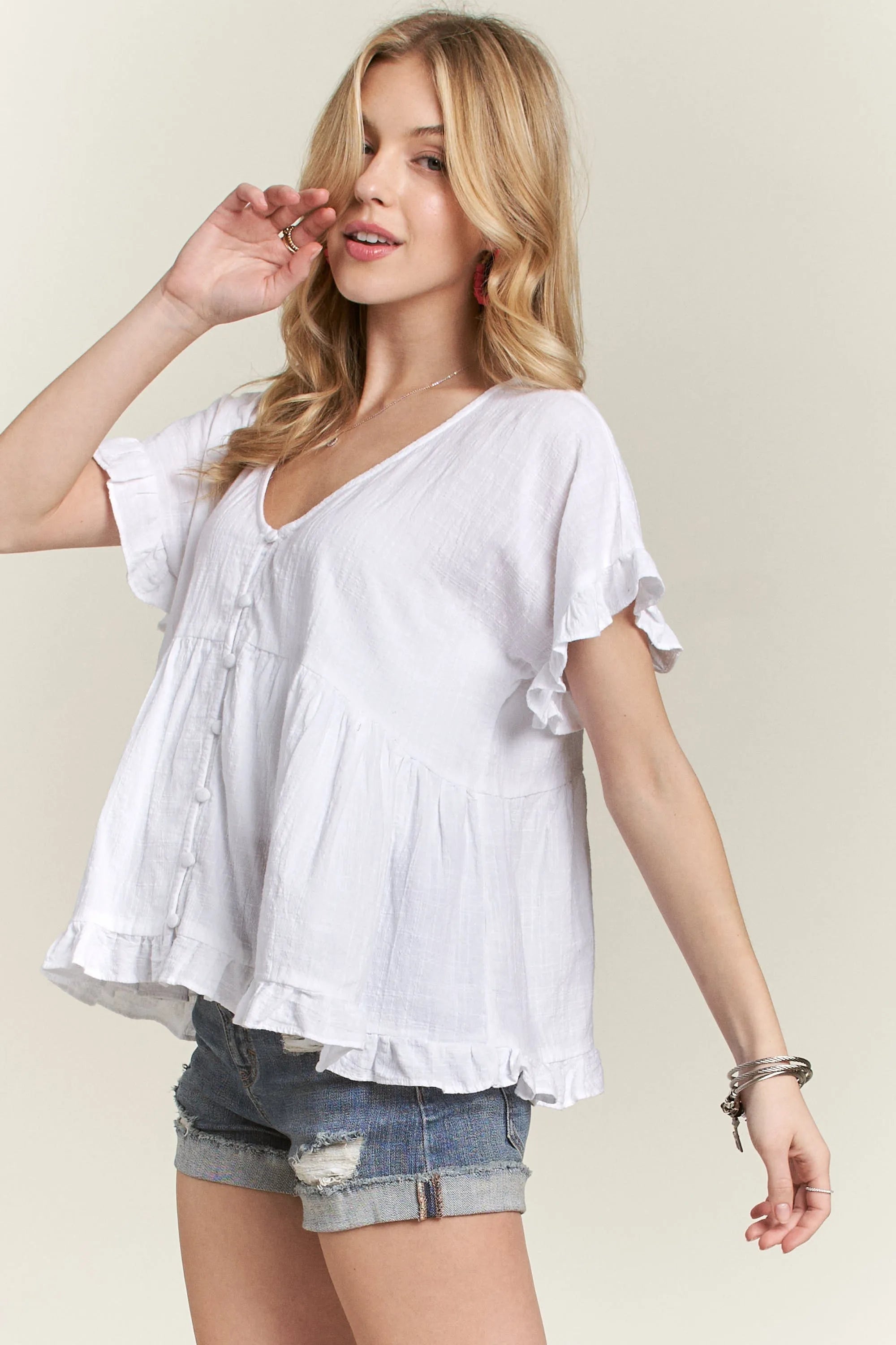 ADORA Button Down Ruffled Babydoll Blouse