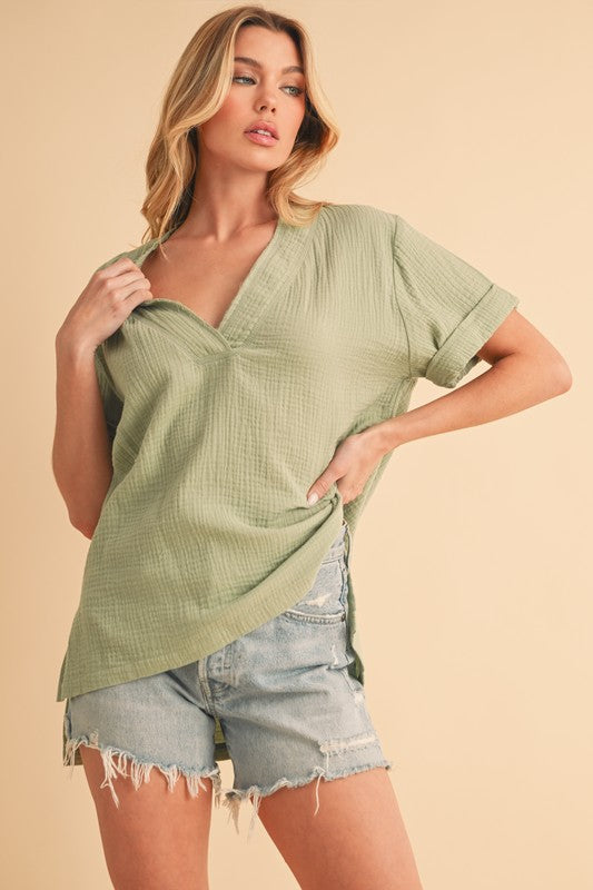 Aemi + Co Side Slit V-Neck Short Sleeve Blouse