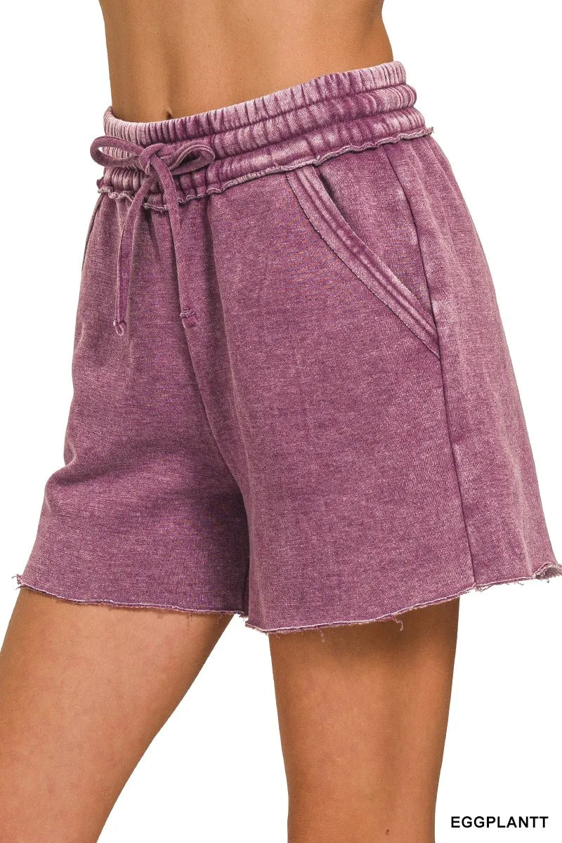 Acid Wash Fleece Drawstring Shorts With Pockets