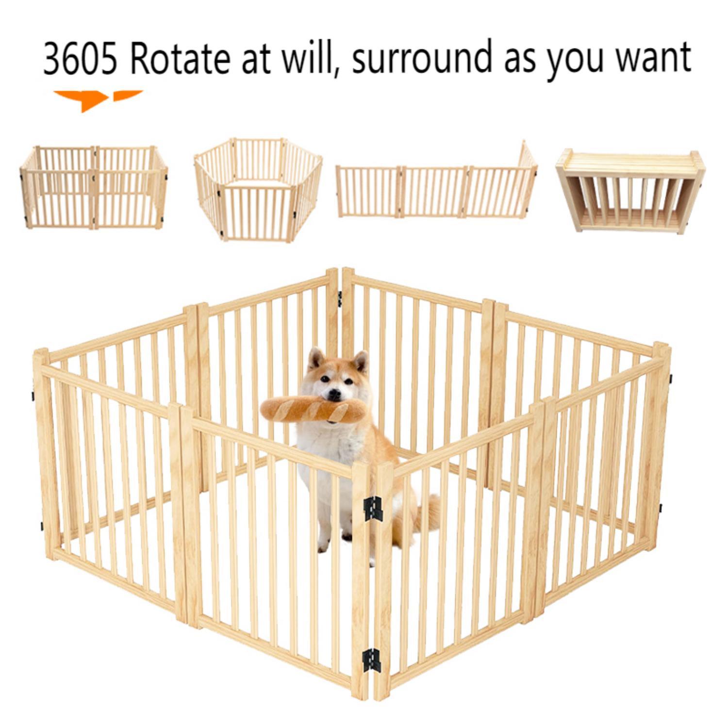 8-Panel Wooden Freestanding Dog Gate, Step Over Indoor Pet Fence for Doorways and Stairs