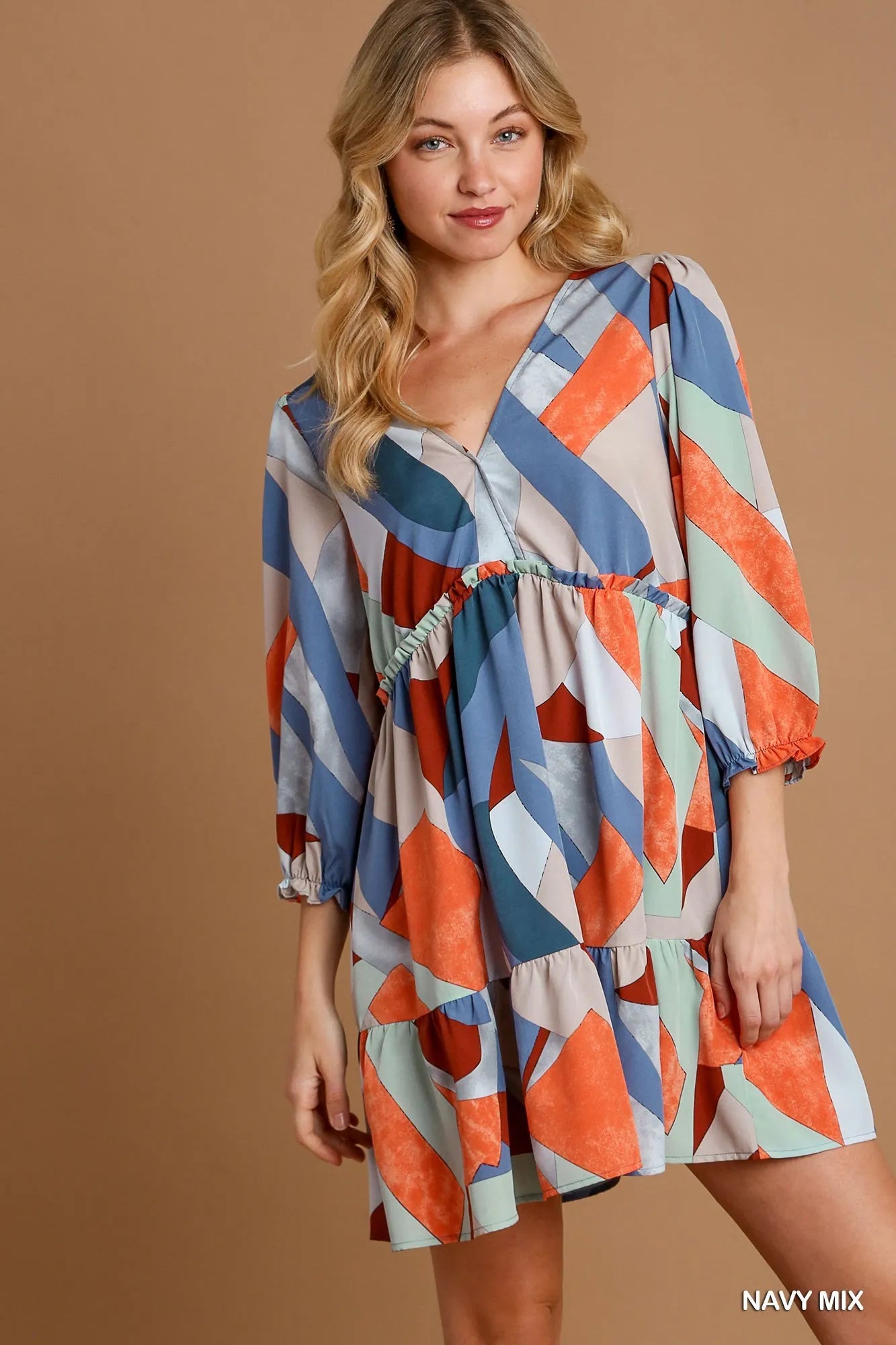 Abstract V-Neck Tiered Printed Dress
