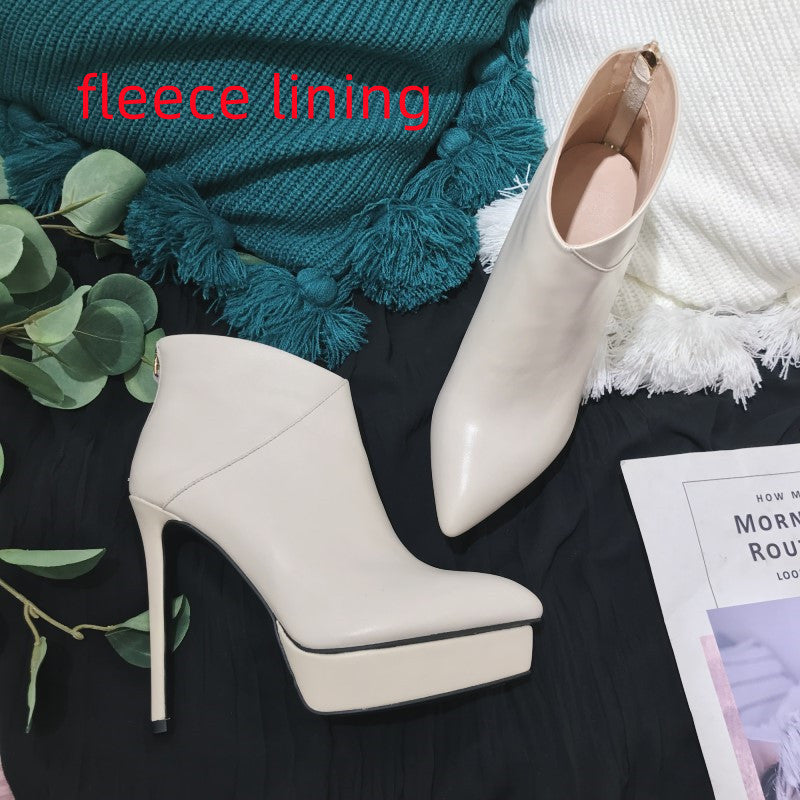 Autumn And Winter New Stiletto High-heeled Platform Leather Ankle Boots