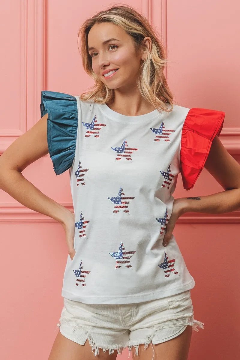 American Flag Sequin Stars Top