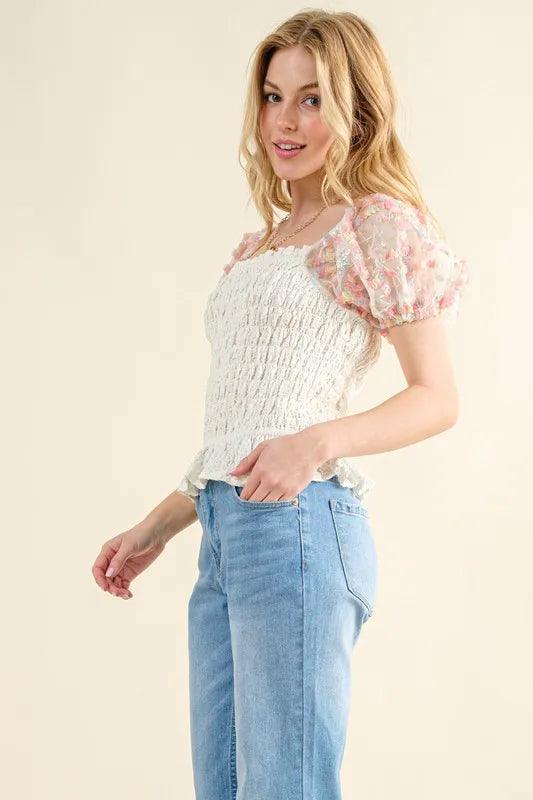 And The Why Embellishment Sleeve Smocked Top